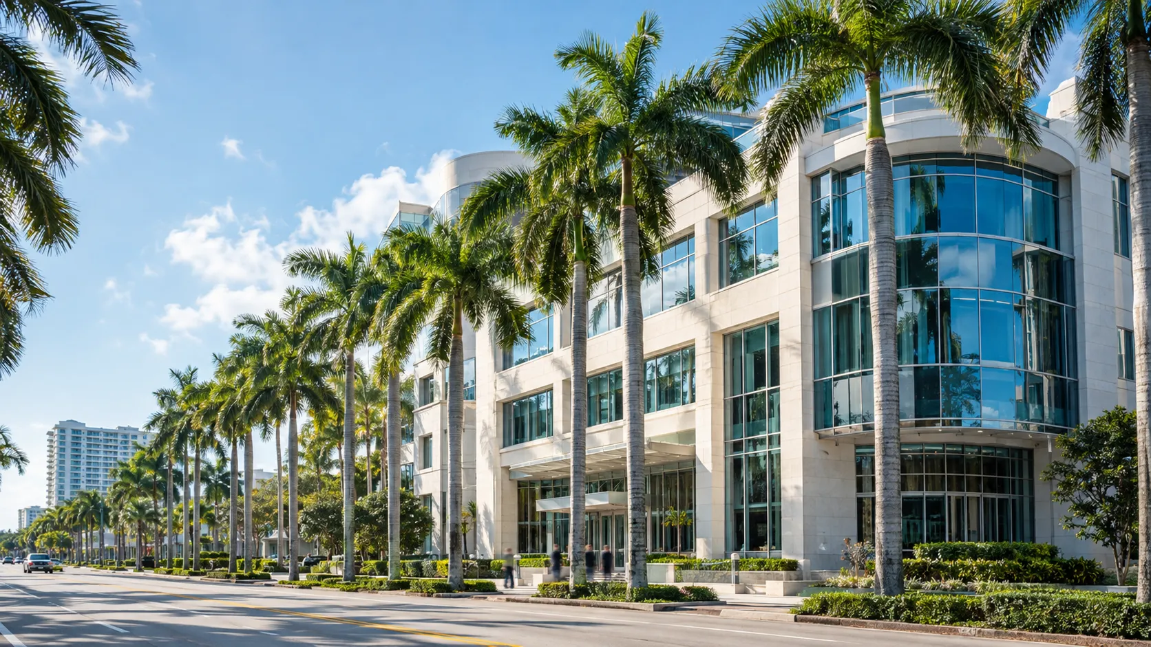 Office building on a palm-lined boulevard in North Miami Beach